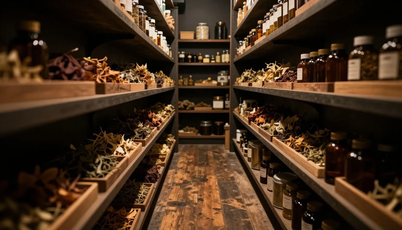 Matte zinc dispensary shelf with supplement tins under warm afternoon light