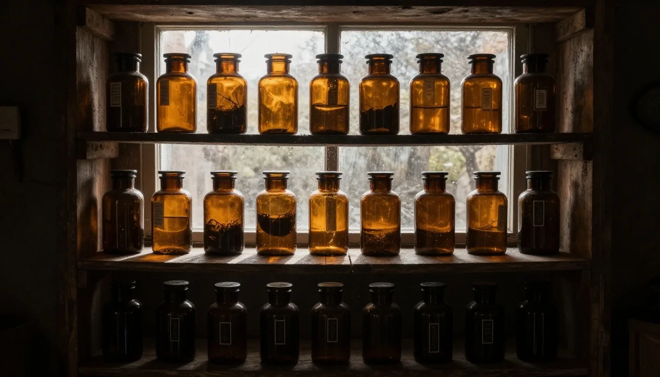 Dark apothecary shelf with supplement tins under warm afternoon light