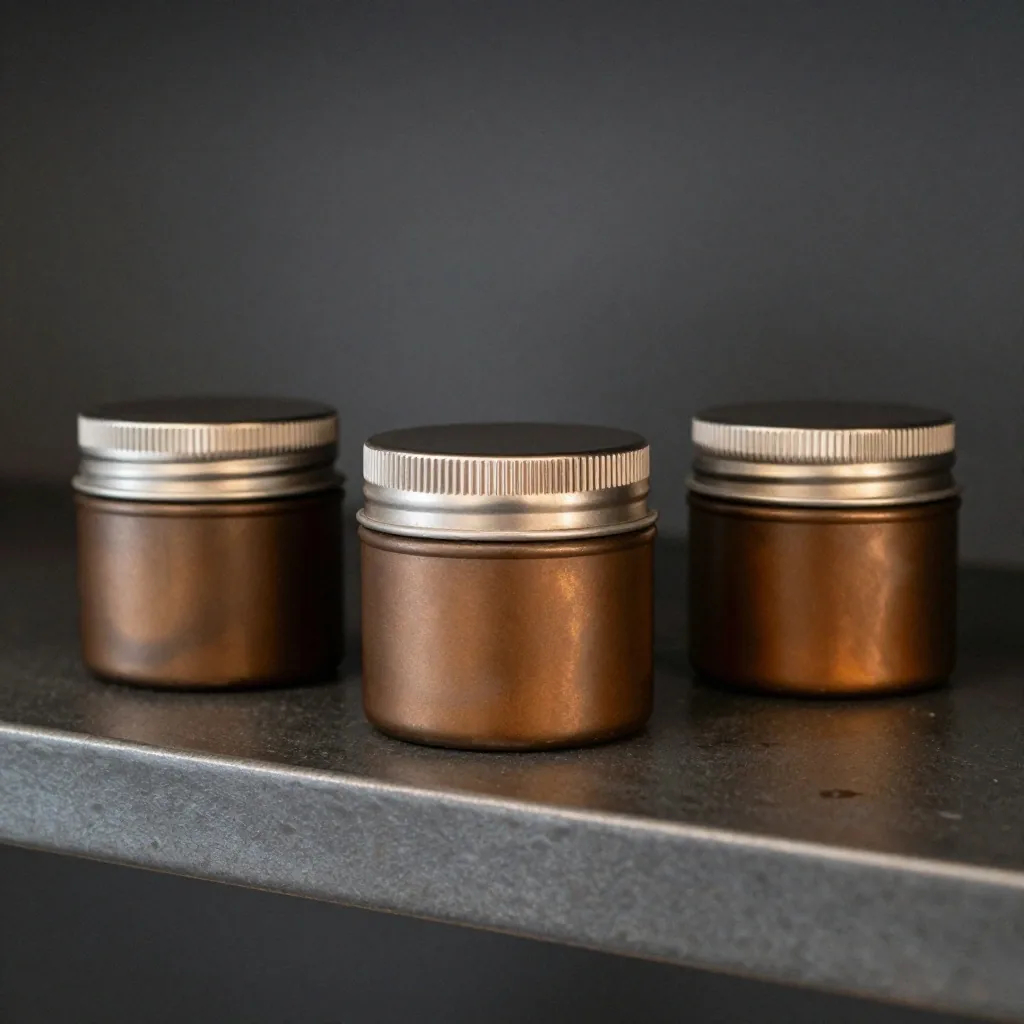 Matte supplement tins on a dark zinc shelf